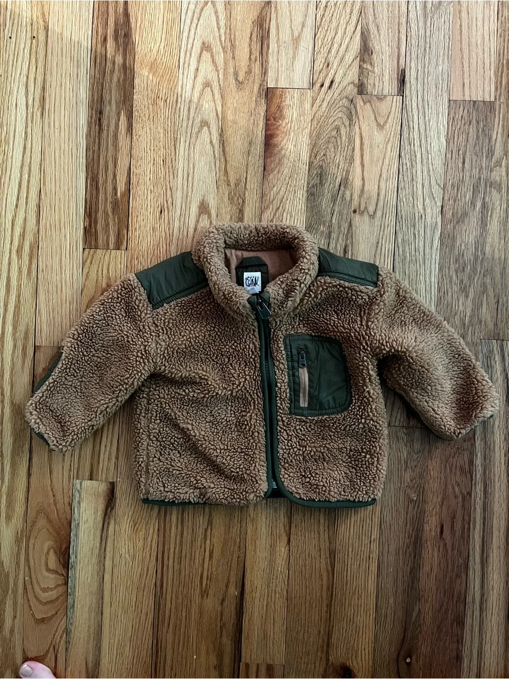 GAP Baby Sherpa Jacket in Camel with Olive Accents 12-18 months